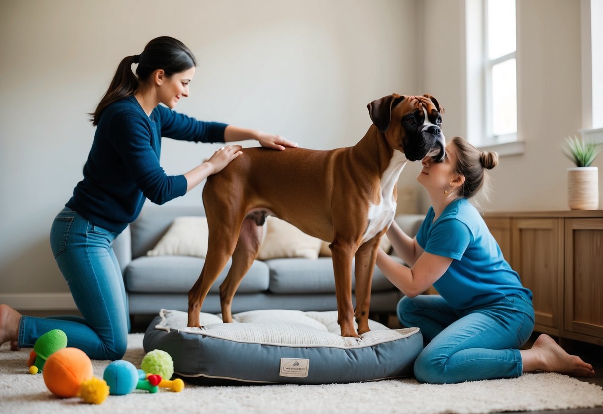 A boxer dog stands in a calm posture, surrounded by toys and a cozy bed, while a person gently trains the dog with positive reinforcement
