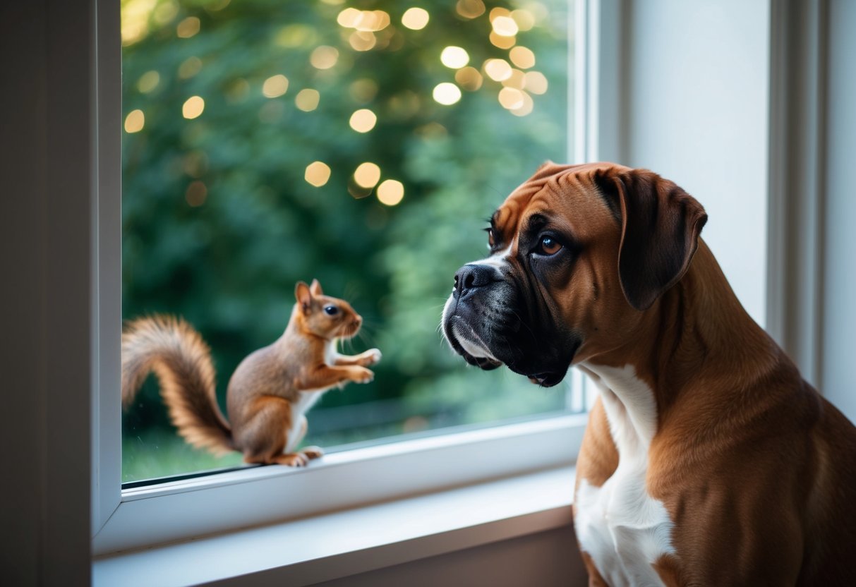 A boxer dog sits quietly, ears perked, observing a squirrel outside the window. No barking
