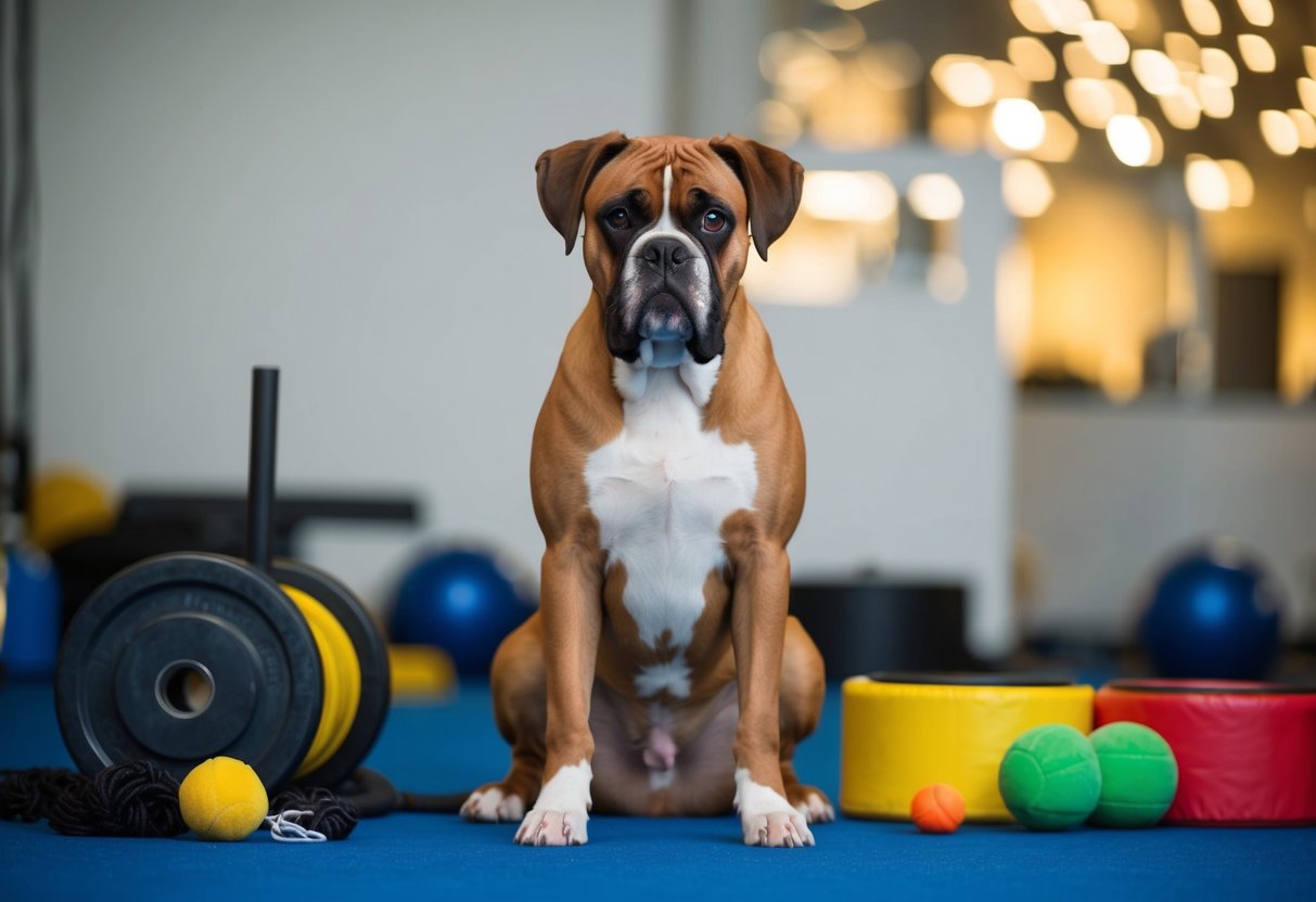 A boxer dog sits quietly with a calm expression, surrounded by training equipment and toys