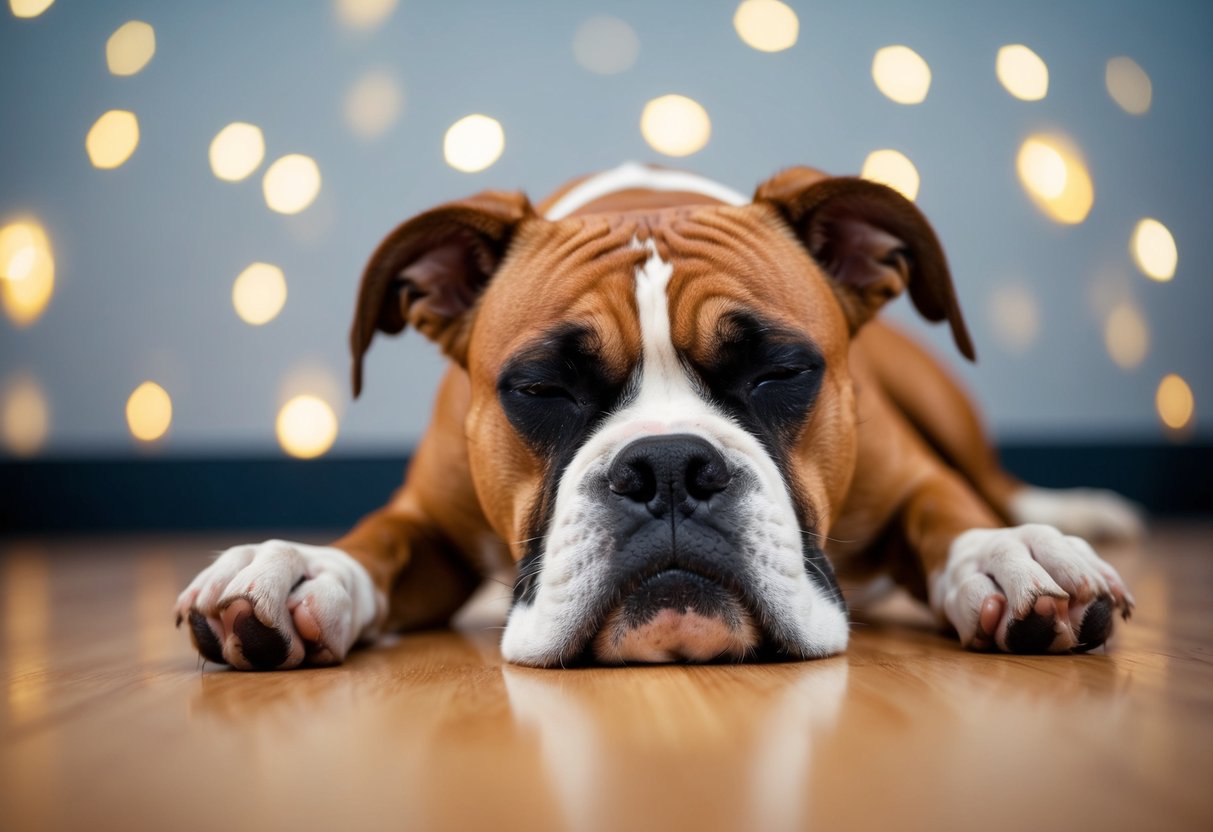A boxer dog sleeps soundly, snoring loudly with its paws twitching as it dreams