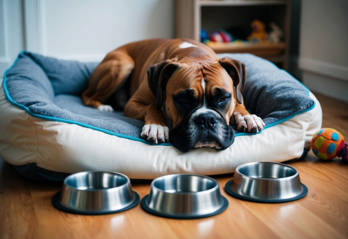 A boxer dog sleeping in a cozy bed, surrounded by empty food and water bowls, with a toy nearby