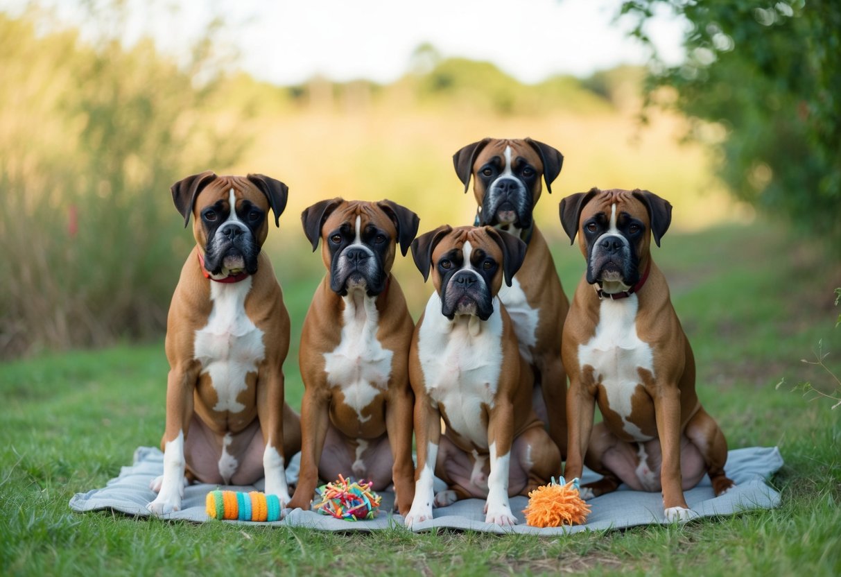 A group of calm, focused boxers in a peaceful, natural setting, surrounded by enriching elements like toys and treats, not making a sound