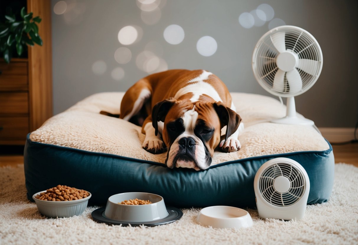 A boxer dog sleeping on a plush bed, surrounded by various external factors for snoring such as a large food bowl, a cozy blanket, and a noisy fan