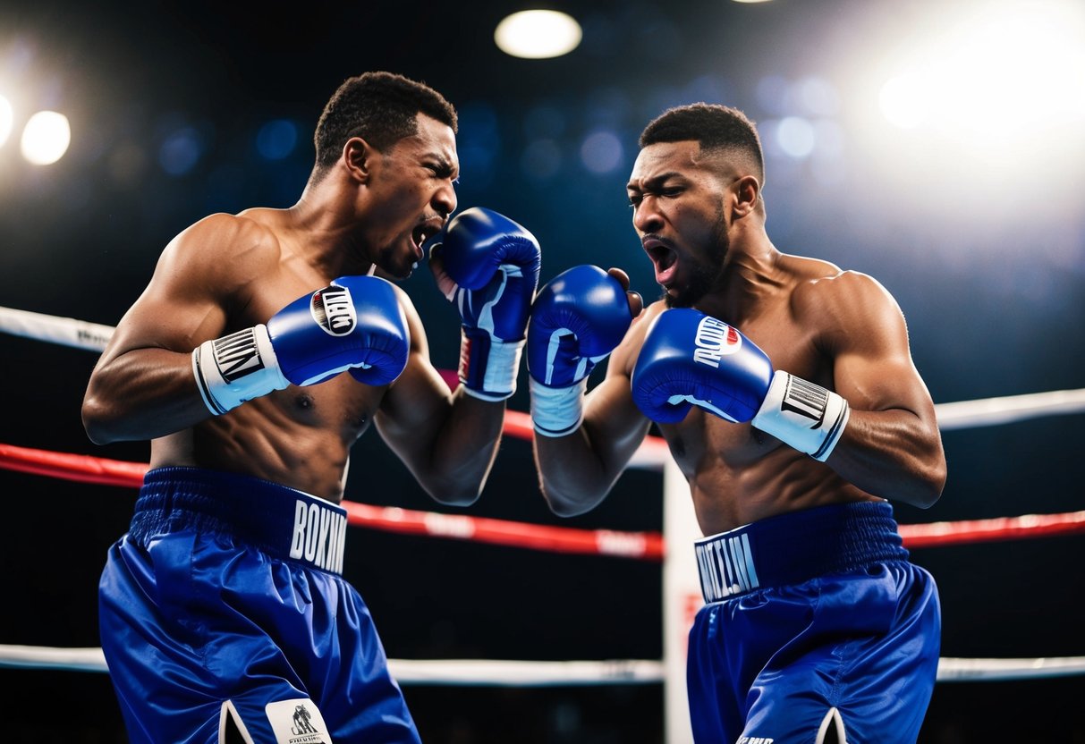 Two boxers engage in a fierce sparring match, growling and snarling as they circle each other in the ring