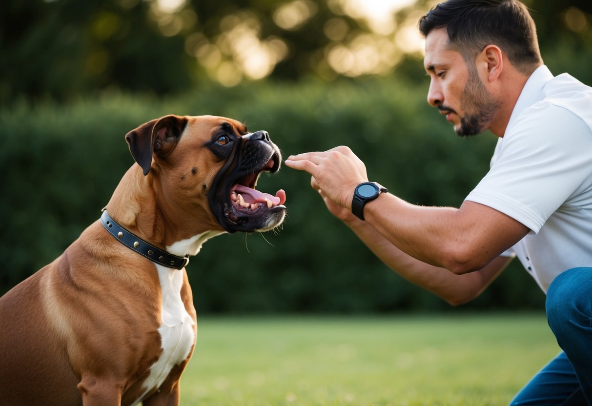 A boxer dog growls while being trained by its owner