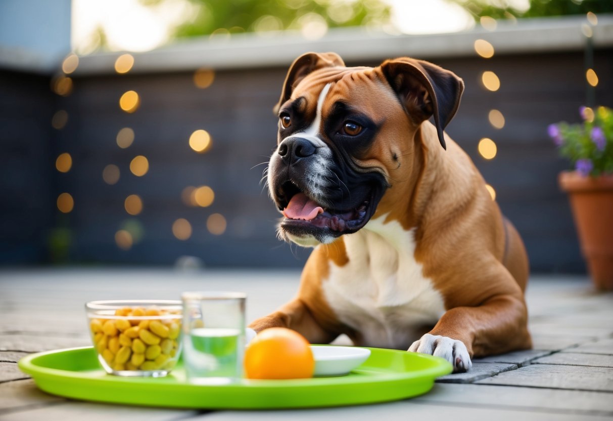 A boxer dog growls while waiting for food, water, and attention from its owner