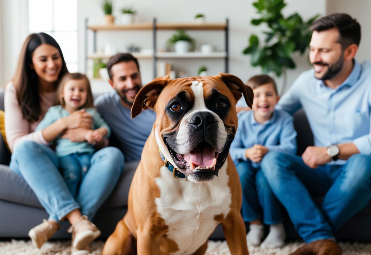 A boxer dog playfully growls while surrounded by a happy family in a cozy living room