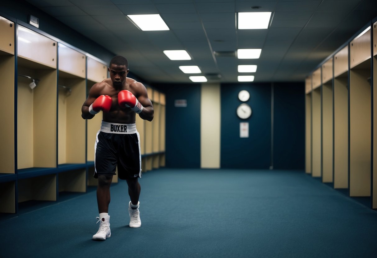 A boxer pacing back and forth in a dimly lit locker room, clenching and unclenching their fists, glancing anxiously at the clock