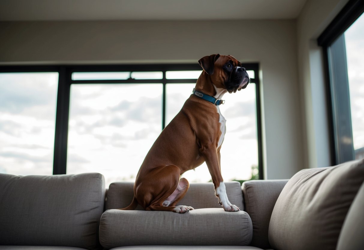 A boxer dog sits upright on a couch, with its hind legs extended and front paws resting on the armrest, looking out the window