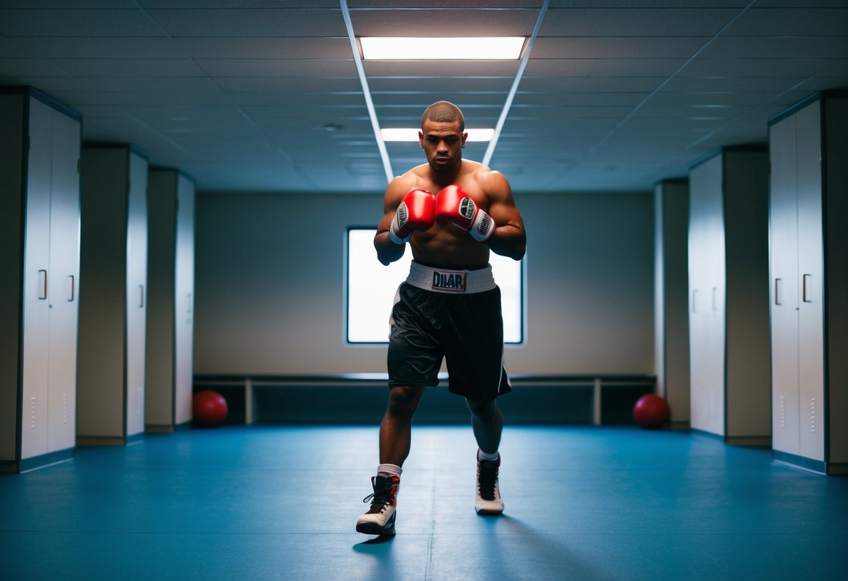 A boxer pacing back and forth in a dimly lit locker room, clenching and unclenching their fists, their eyes focused and intense