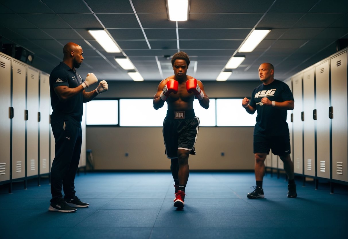 A boxer pacing back and forth in a dimly lit locker room, clenching and unclenching their fists, while their coach offers words of encouragement