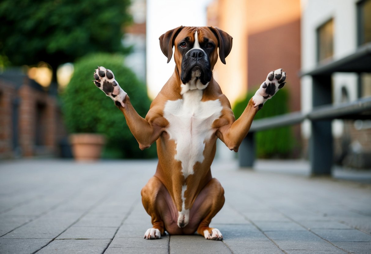A boxer dog sits upright on its hind legs, with its front paws hanging down, resembling a human posture