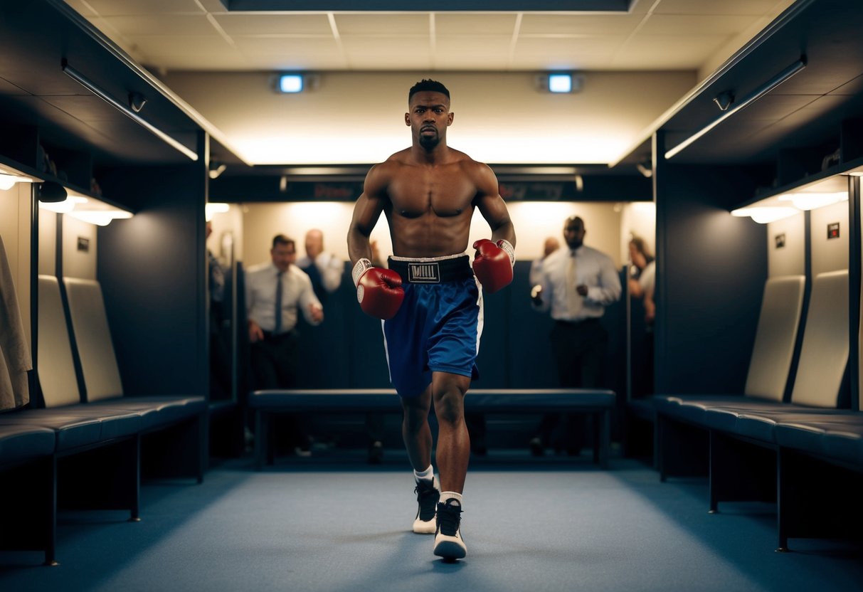 A boxer pacing in a dimly lit locker room, surrounded by the sound of muffled cheers and thudding punches from the arena