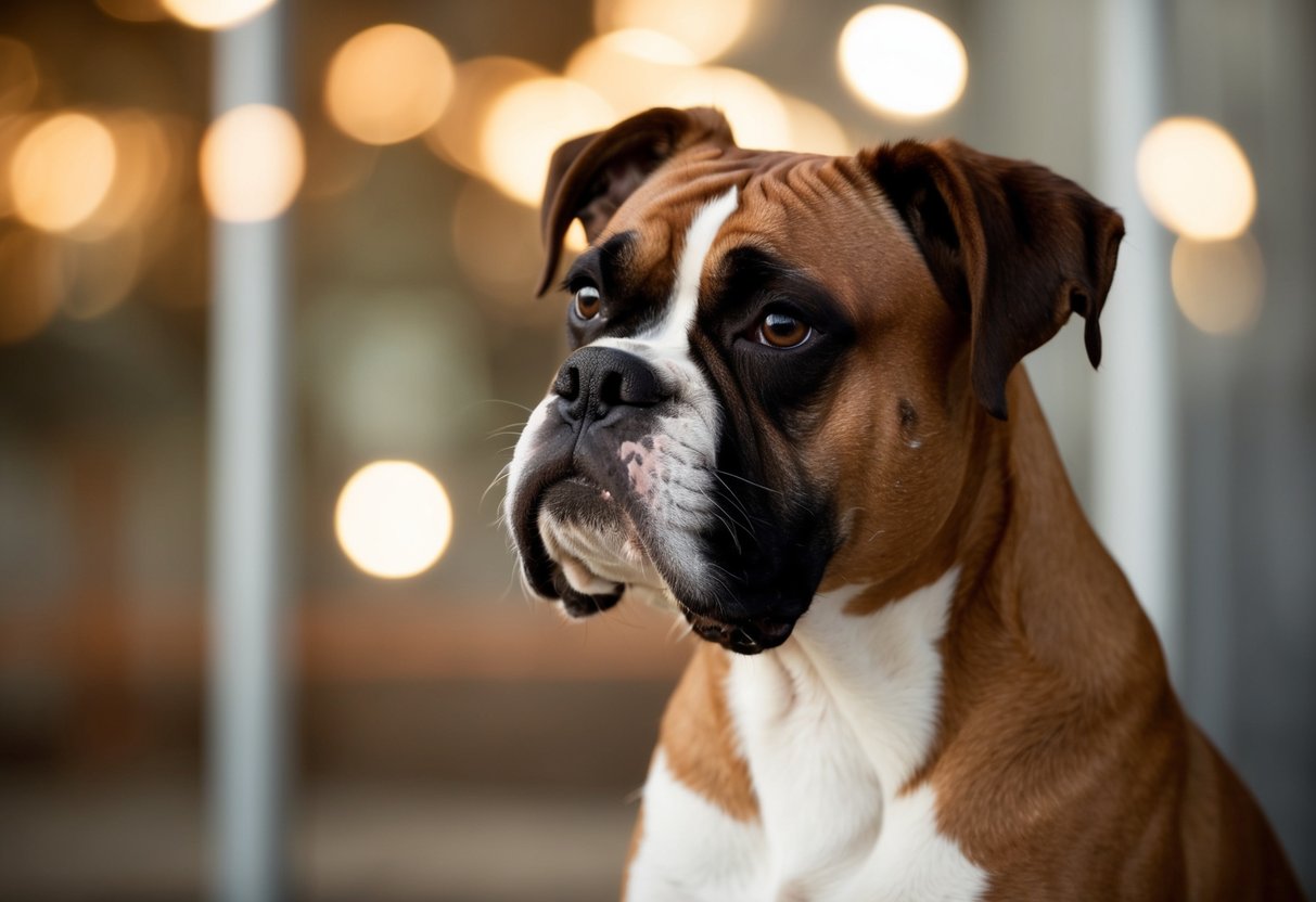 A boxer dog tilts its head, ears perked, listening intently