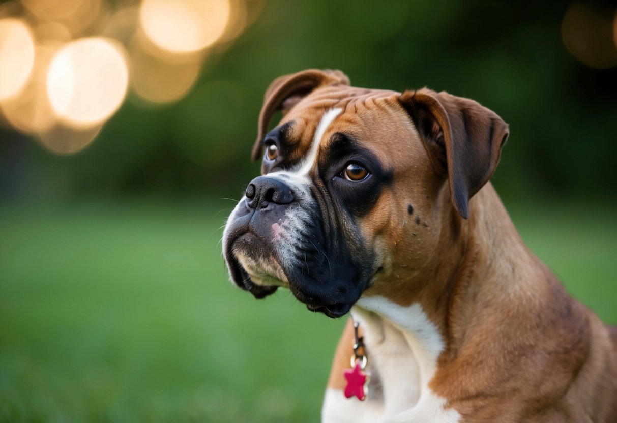 A boxer dog tilts its head, ears perked, listening intently