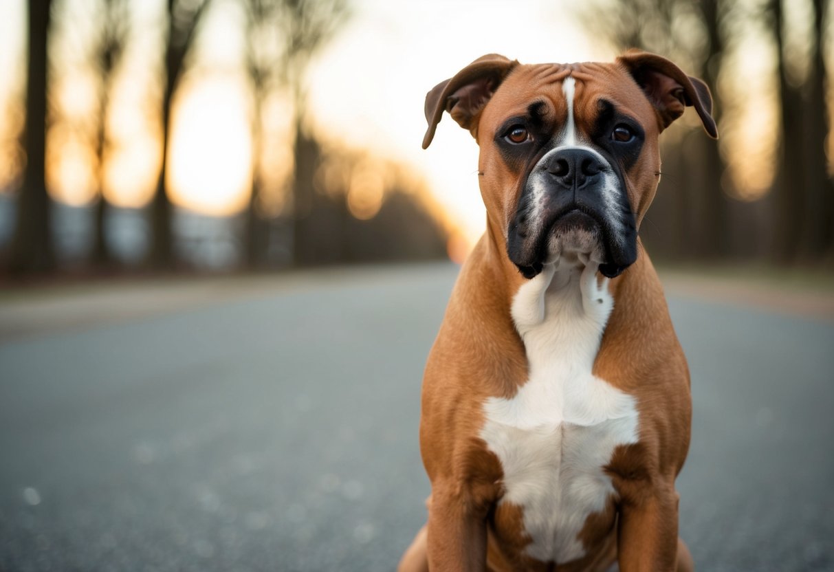 A boxer dog sits proudly with alert ears and a confident expression