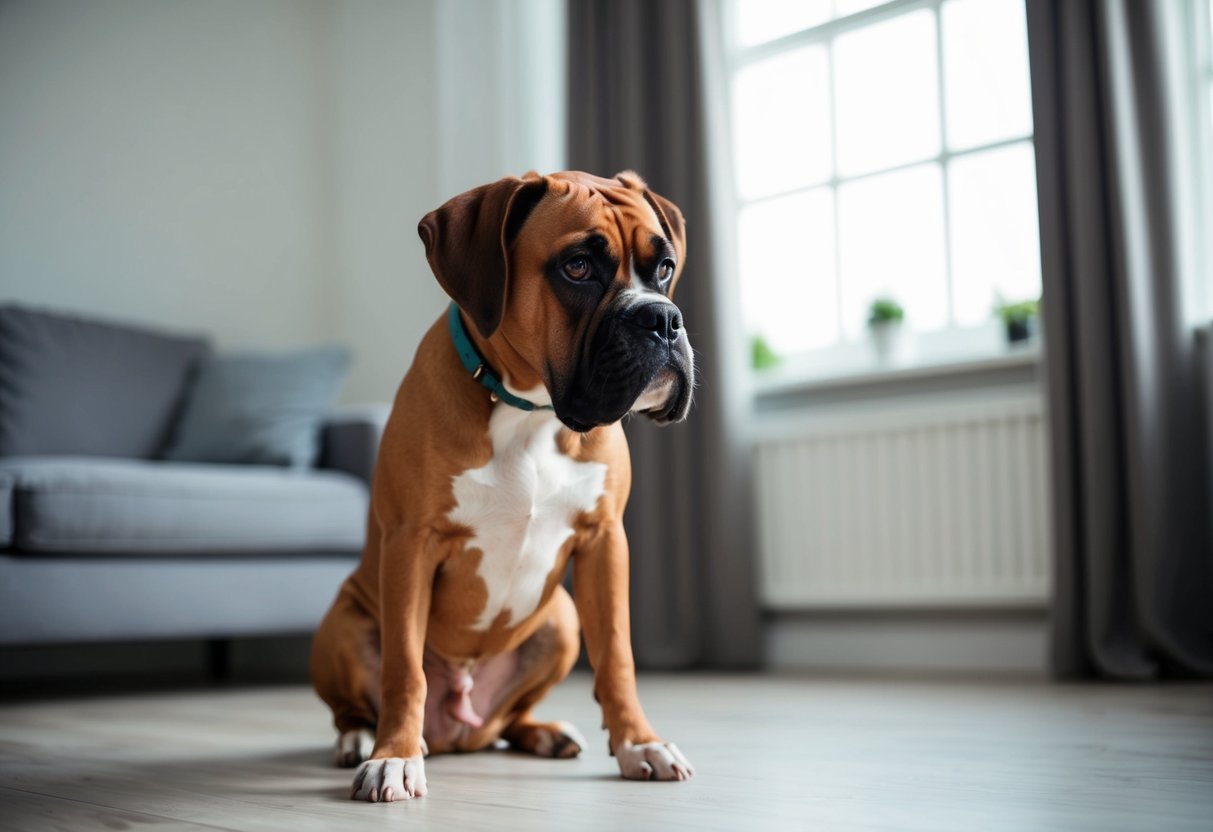 A Boxer dog with hearing impairments sits alertly in a quiet room, tilting its head to listen
