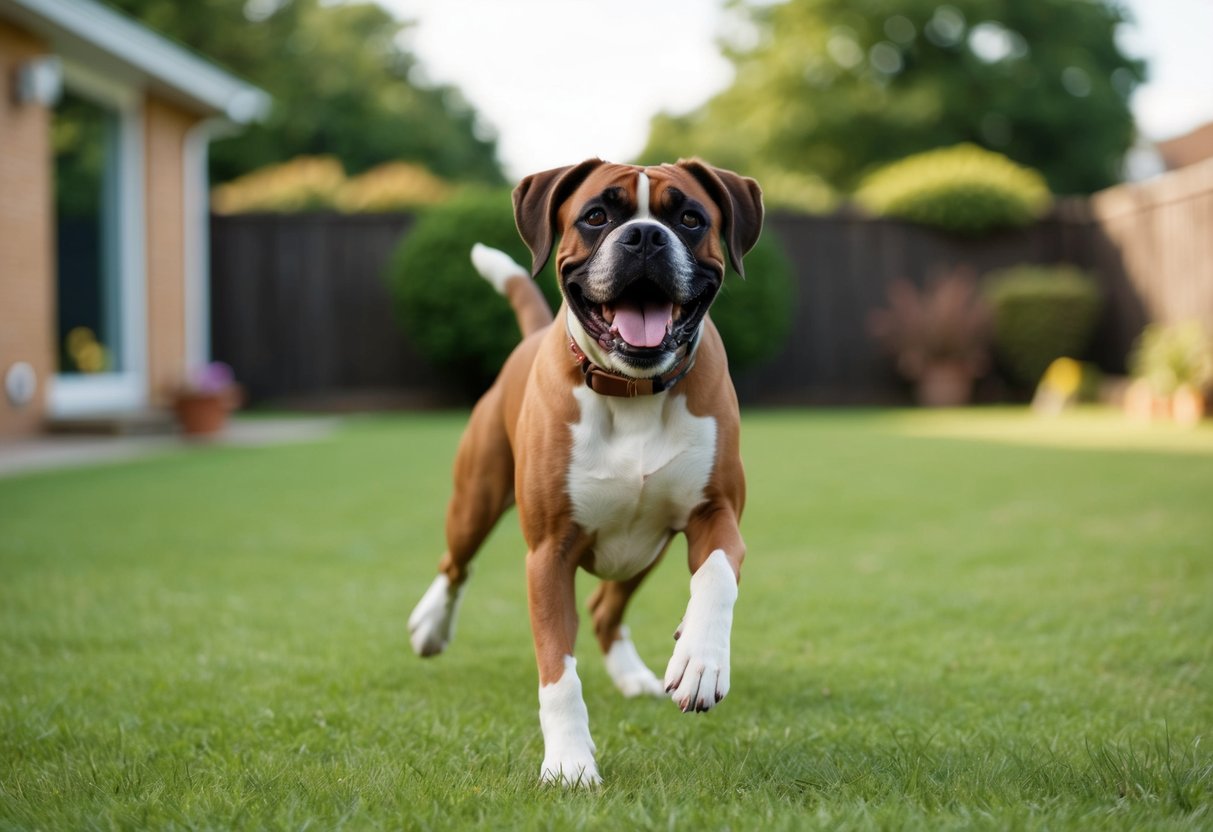 A happy boxer dog playing in a spacious backyard, wagging its tail and running around with a joyful expression on its face