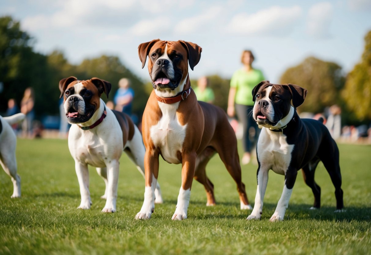 A boxer dog confidently engages in obedience training, wagging its tail and eagerly socializing with other dogs at a park