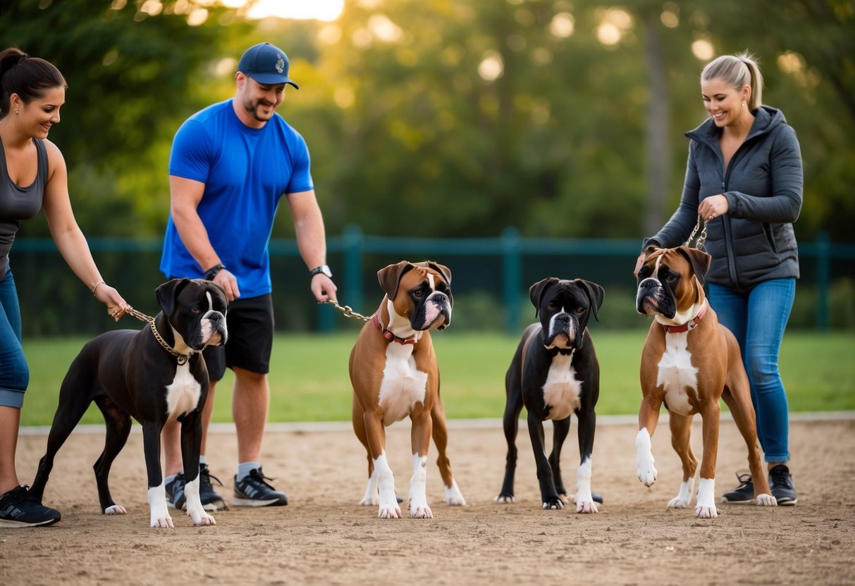 A group of boxer dogs engage in training and socialization at a dog park, interacting with each other and their owners