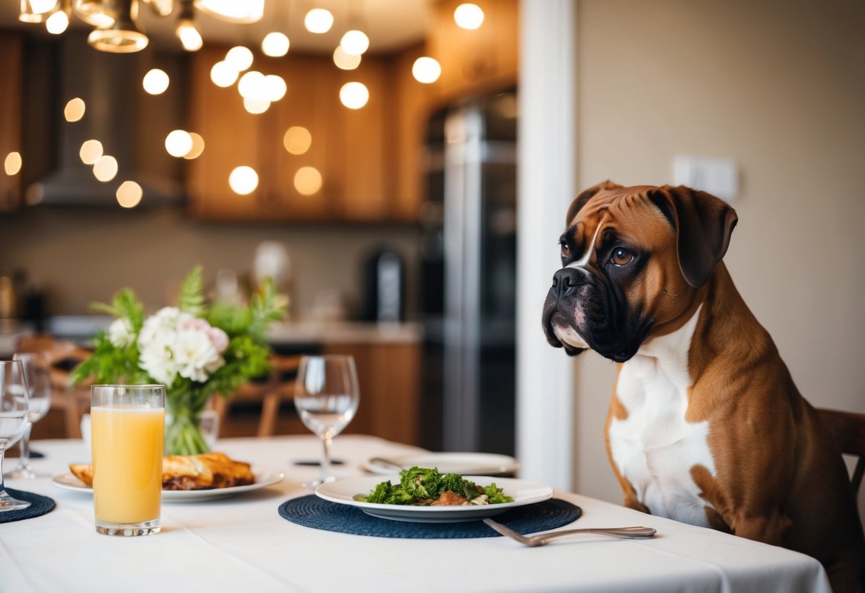 A boxer dog sits proudly, tail wagging, beside a family dinner table, eagerly awaiting any dropped scraps
