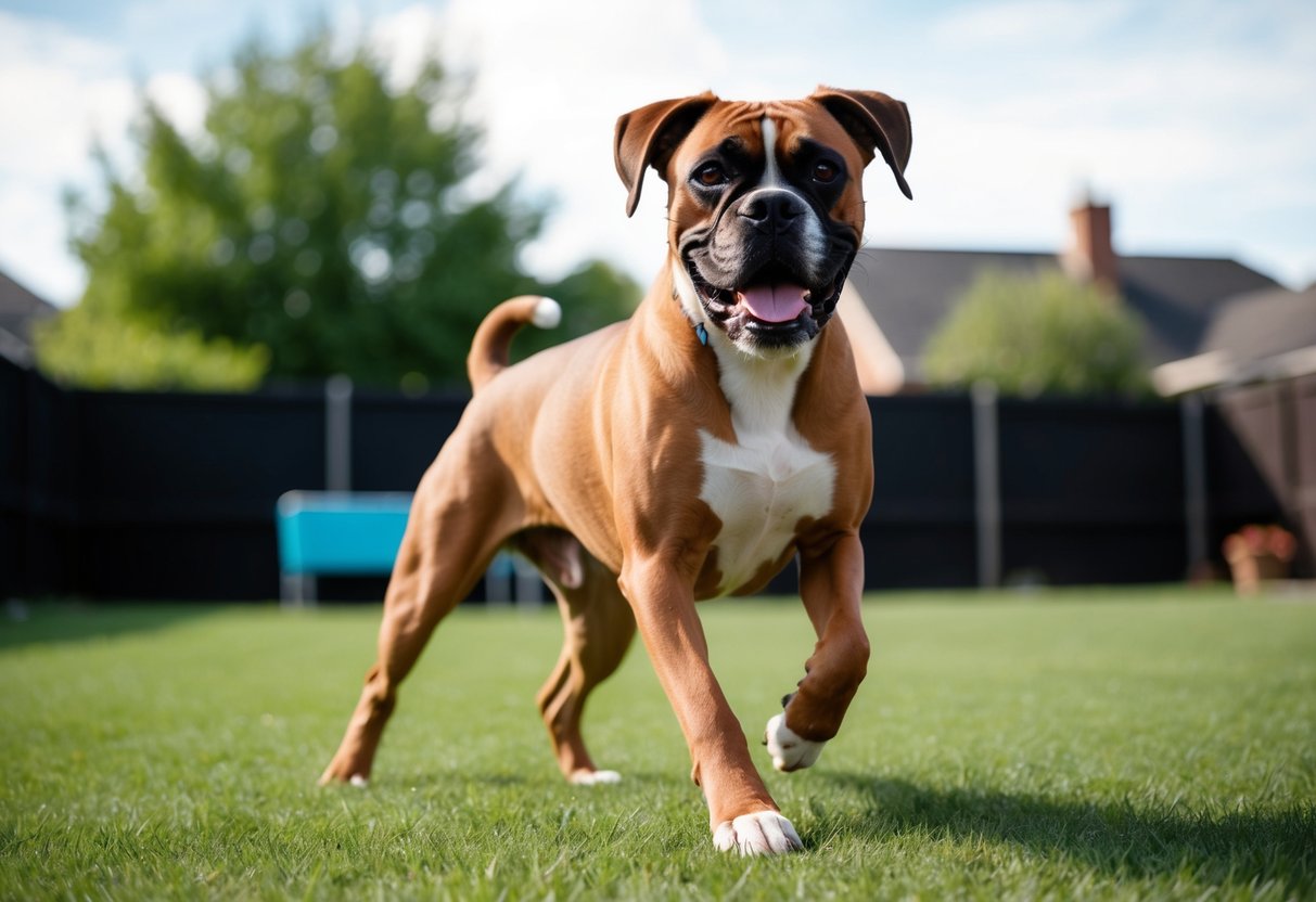 A happy boxer dog playing in a spacious backyard, showcasing its strong and muscular build, distinctive brachycephalic head, and expressive face