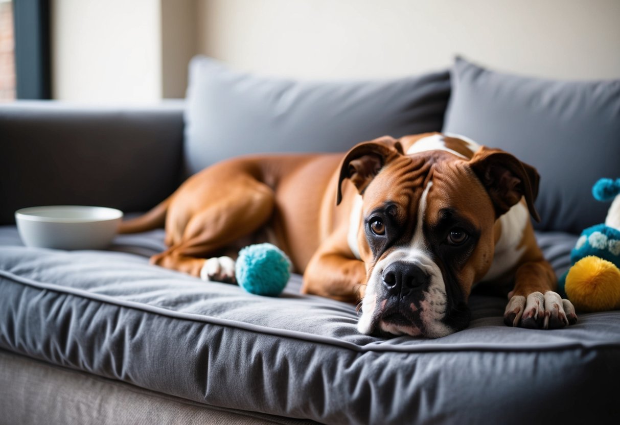 A boxer dog resting on a plush bed, surrounded by toys and a bowl of water. Its shiny coat and alert expression convey health and vitality