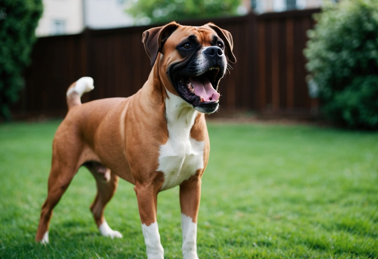 A boxer dog barking loudly while standing in a backyard, with ears perked and tail raised
