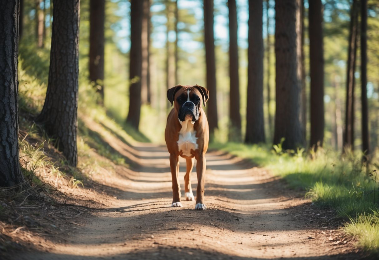 A boxer dog walks along a winding forest trail, surrounded by tall trees and dappled sunlight
