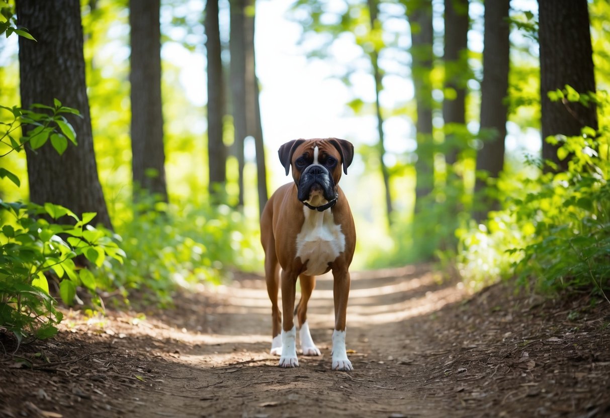 A boxer dog walks on a wooded trail, surrounded by tall trees and green foliage, with sunlight streaming through the leaves