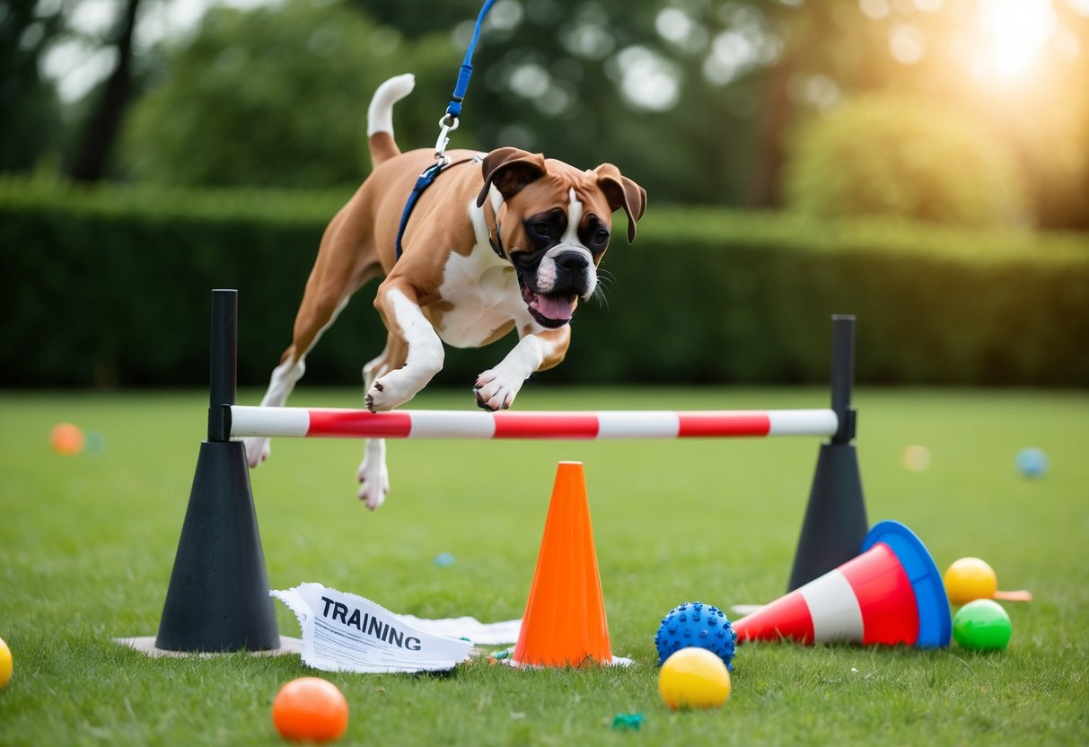 A boxer dog jumps over a hurdle, knocks over a cone, and chews on a leash, surrounded by scattered toys and a torn-up training manual