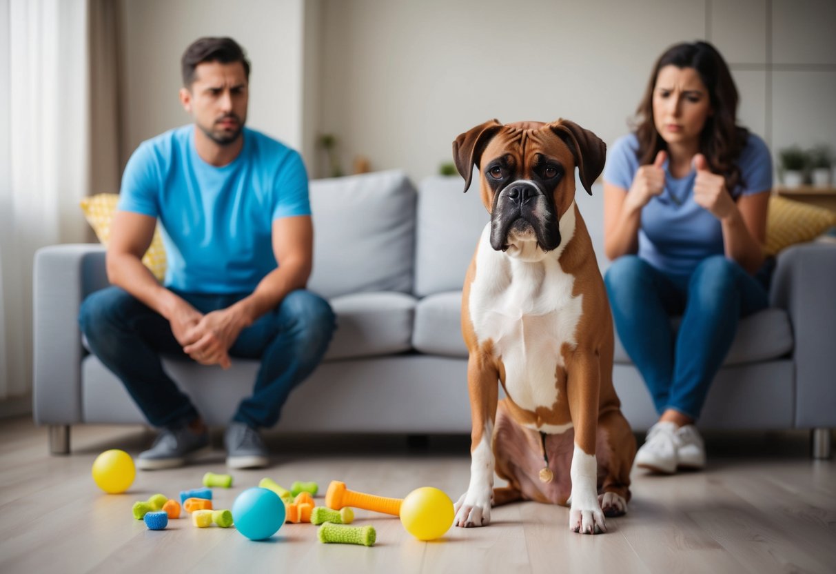 A boxer dog sits stubbornly, ignoring commands. Toys and treats lay scattered, while the owner looks frustrated