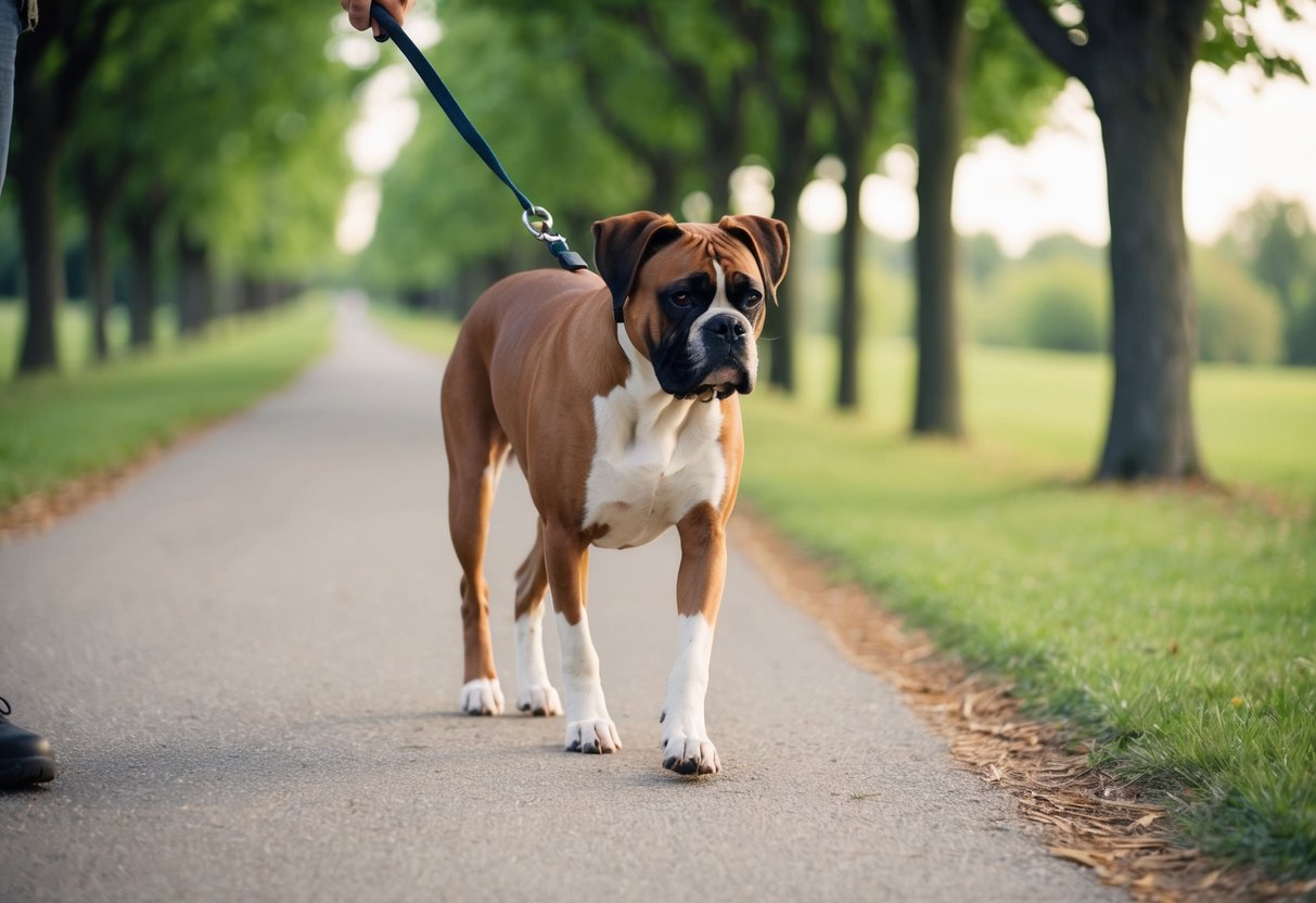 A boxer dog walks along a tree-lined path, with a leash in its owner's hand. The dog's tail is wagging as it enjoys the outdoor exercise