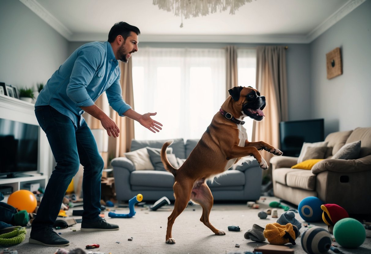 A frustrated owner struggles to control a jumping, barking boxer in a chaotic living room filled with torn objects and scattered toys