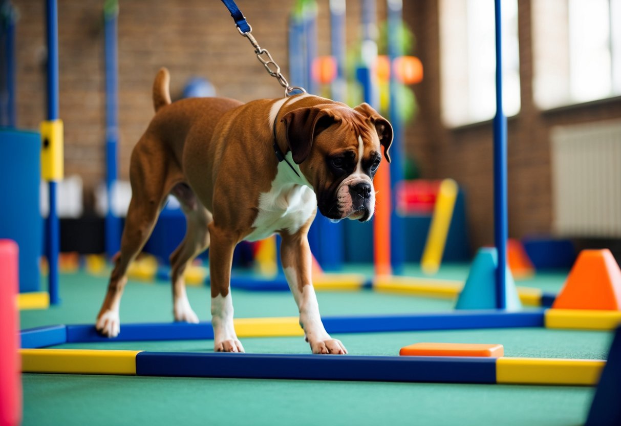 A boxer dog struggles to follow commands in a busy training room filled with agility equipment and distractions