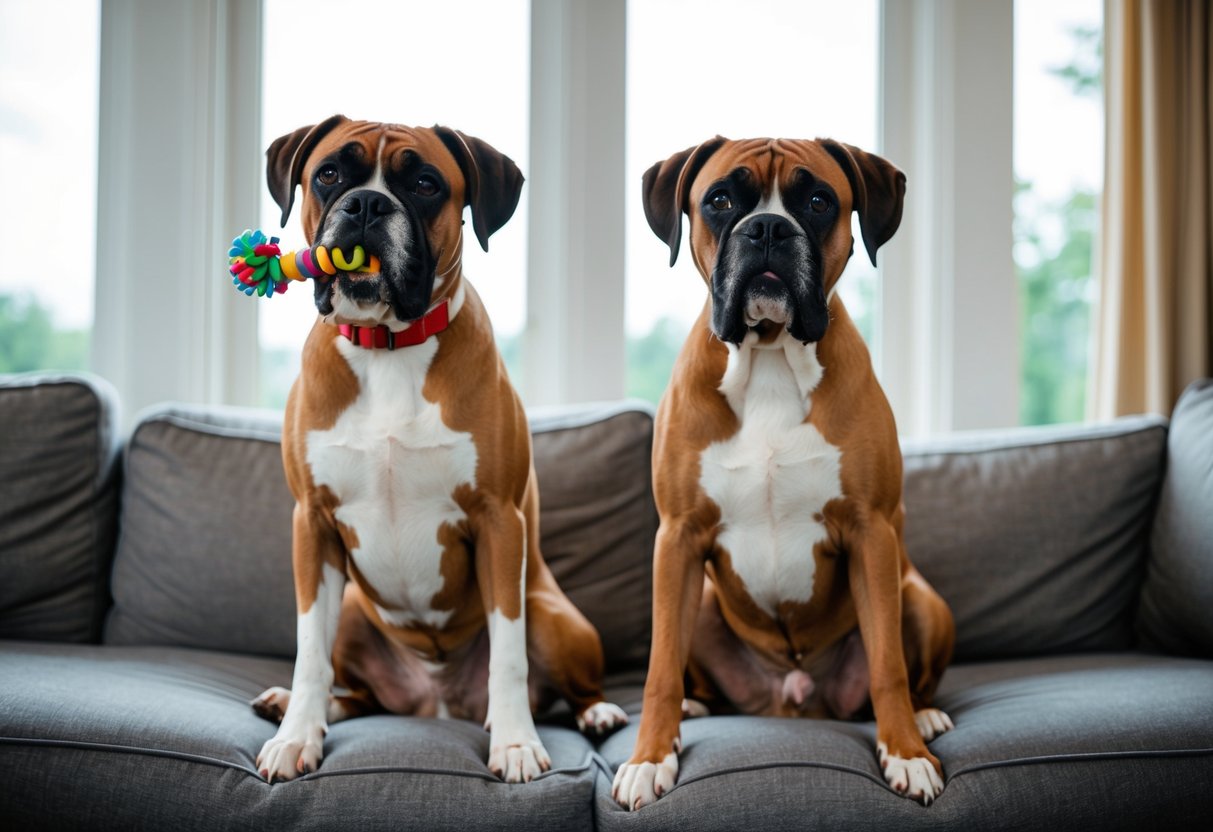 Two boxers sitting calmly in a living room, one with a chew toy, the other looking out a window