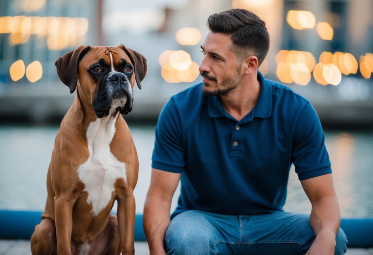 A boxer dog sitting obediently next to its owner, attentively looking up at them with a calm and focused expression