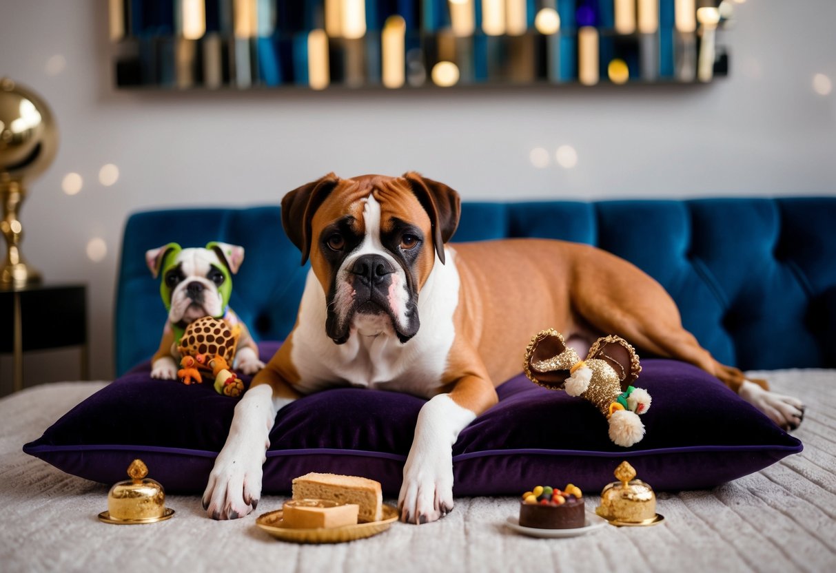 A pampered boxer lounges on a plush velvet cushion, surrounded by designer toys and gourmet treats