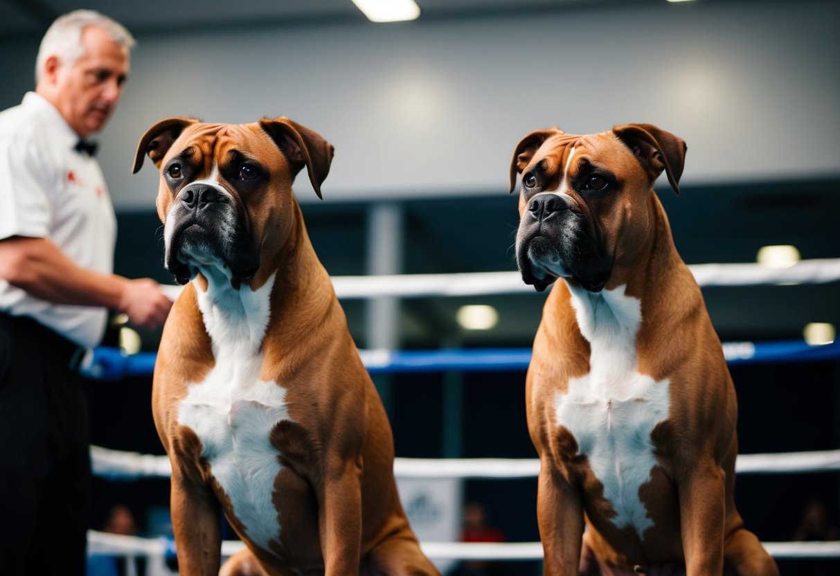 Two boxers sitting calmly, focused on their trainer's commands