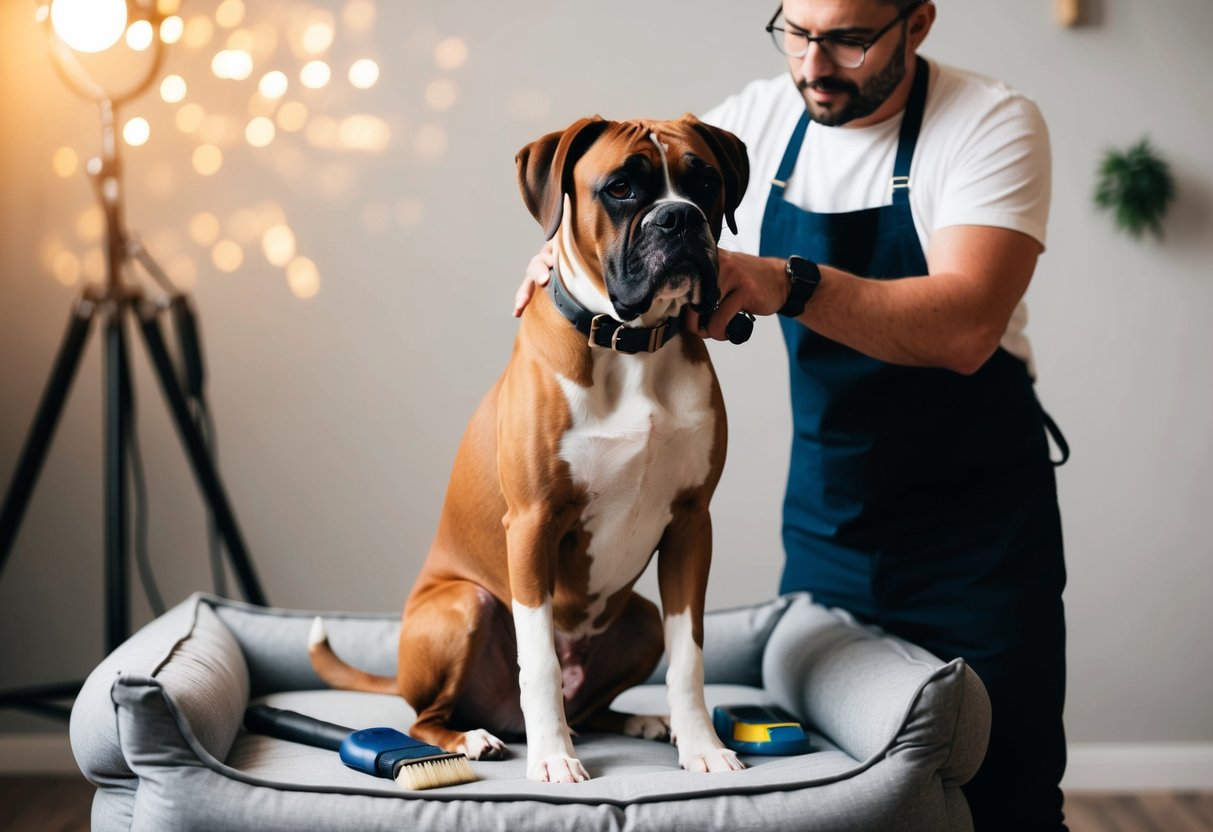 A boxer dog sitting patiently as its owner brushes its coat and grooms its nails, surrounded by grooming tools and a cozy bed
