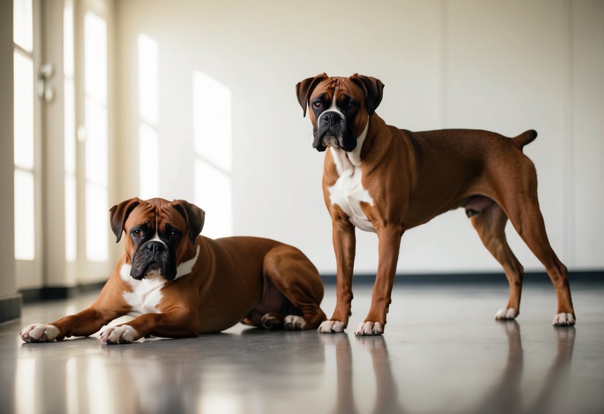 Two boxers playing calmly in a spacious, well-lit room. One dog is lying down while the other stands nearby, both with relaxed body language