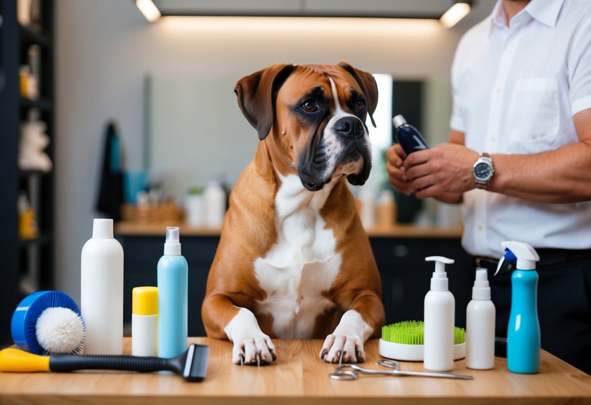 A boxer dog surrounded by grooming tools and products, looking expectantly at its owner