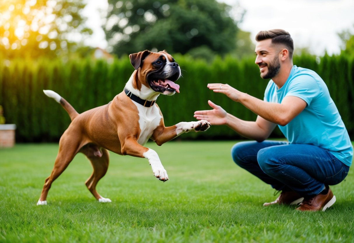 A joyful boxer dog plays with a first-time owner in a spacious backyard, demonstrating their friendly and energetic nature