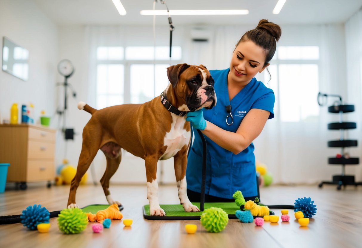 A boxer dog being groomed and trained in a spacious, well-lit room with various toys and treats scattered around