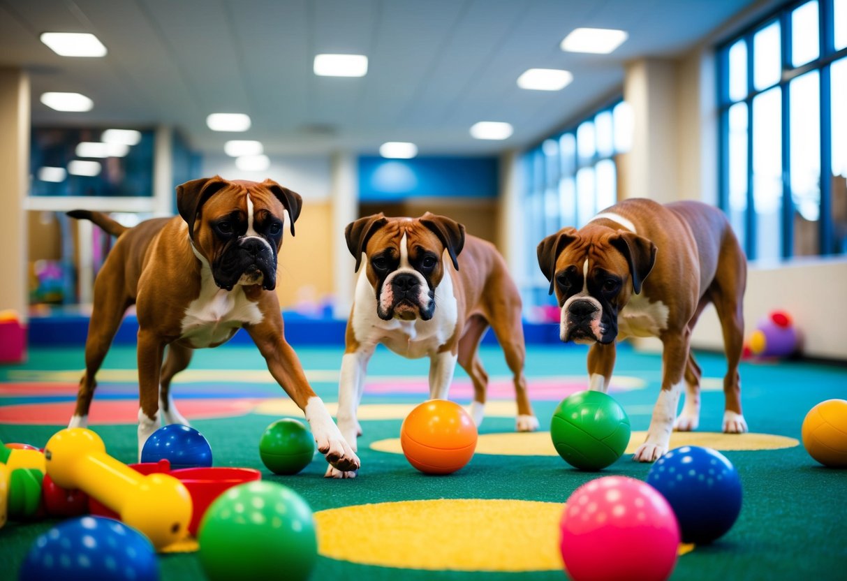A group of energetic boxers playing with toys and engaging in enrichment activities in a spacious, well-equipped indoor play area