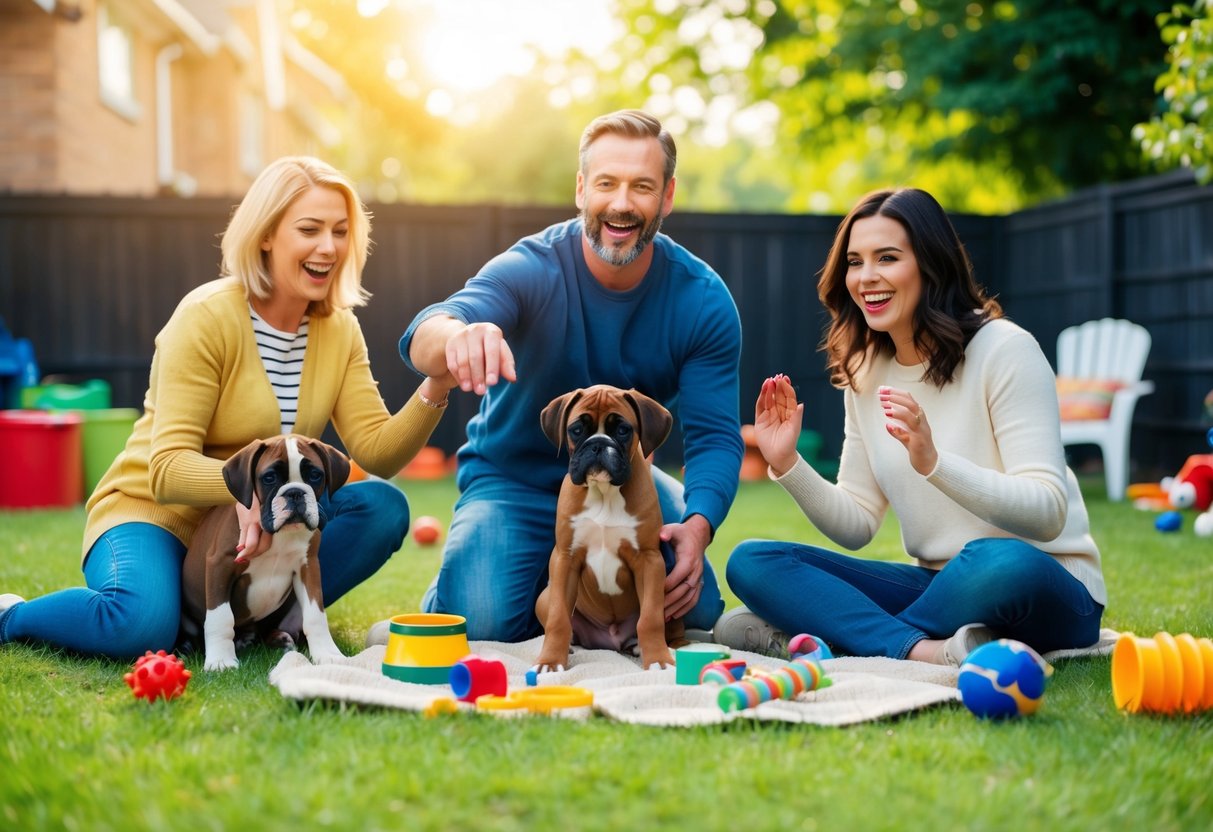 A cheerful family playing with a boxer puppy in a spacious backyard, surrounded by toys and dog care essentials