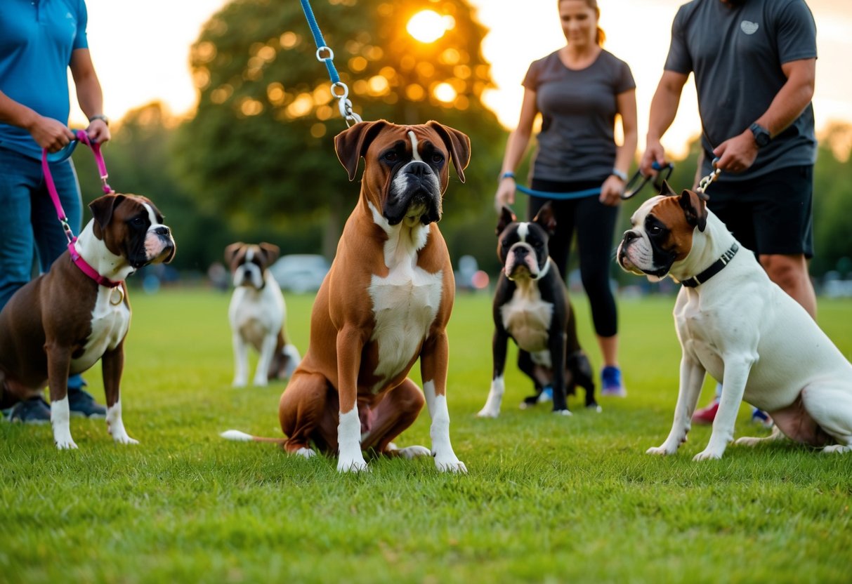 A boxer dog sits obediently during a training session in a park, surrounded by other dogs and their owners. The sun is setting, casting a warm glow over the scene