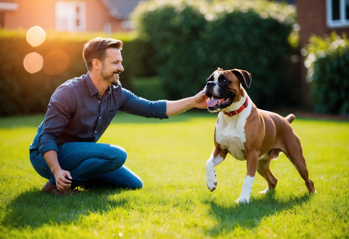 A joyful Boxer dog plays with a first-time owner in a spacious backyard