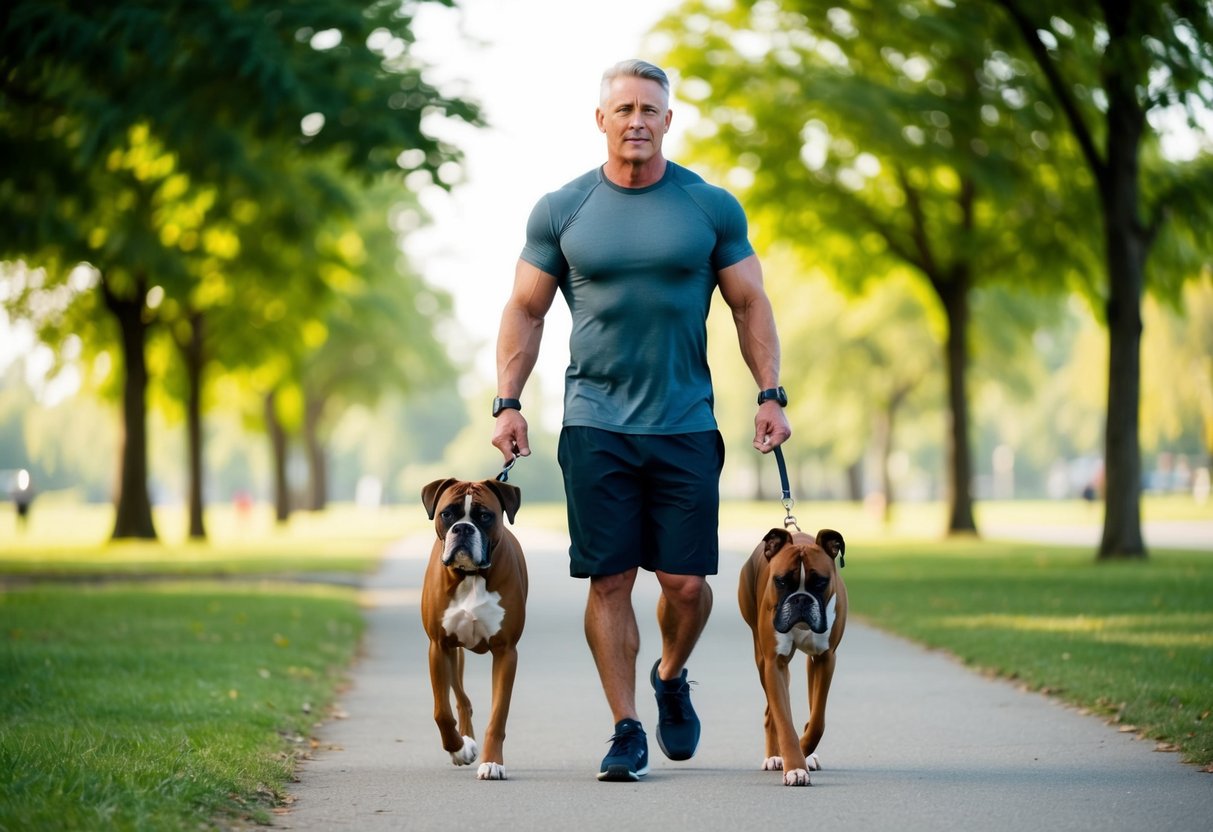 A middle-aged person with an athletic build walks a boxer dog in a park, both exuding confidence and energy
