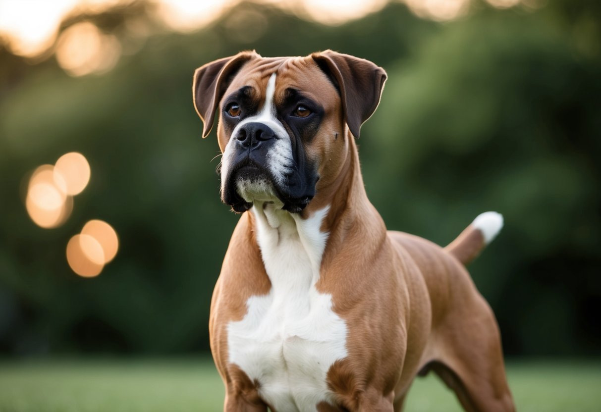 A boxer dog, no longer a puppy, stands proudly with a mature and muscular physique, exuding confidence and strength